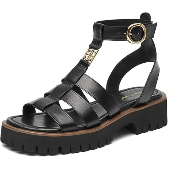 NWoB BEAU TODAY Leather Gladiator Sandals Open Toe Ankle Strap Platform Black - Picture 1 of 16